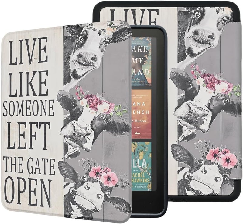 Tpacc Case for All-New Kindle Paperwhite 12th Gen, 2024 and Kindle Colorsoft Signature Edition, Lightweight PU Leather Cover with Auto Sleep Wake Hand Strap, Inspirational Cow - Image 1